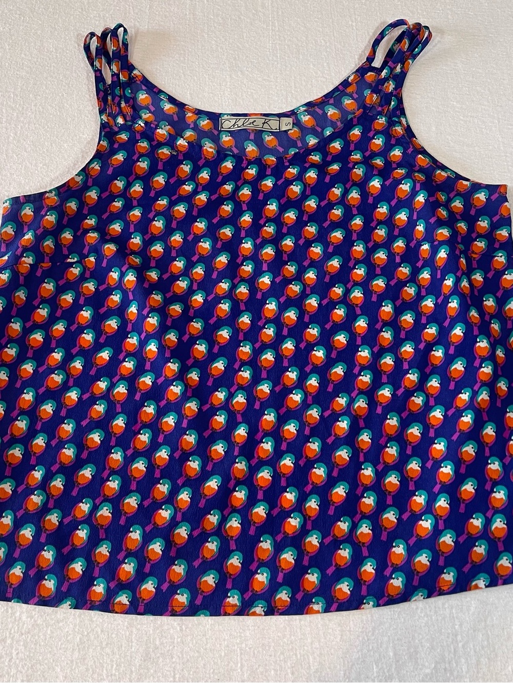 Chloe K Teal & Orange Bird Print Three-Strap Tank Loose Fit Women’s S